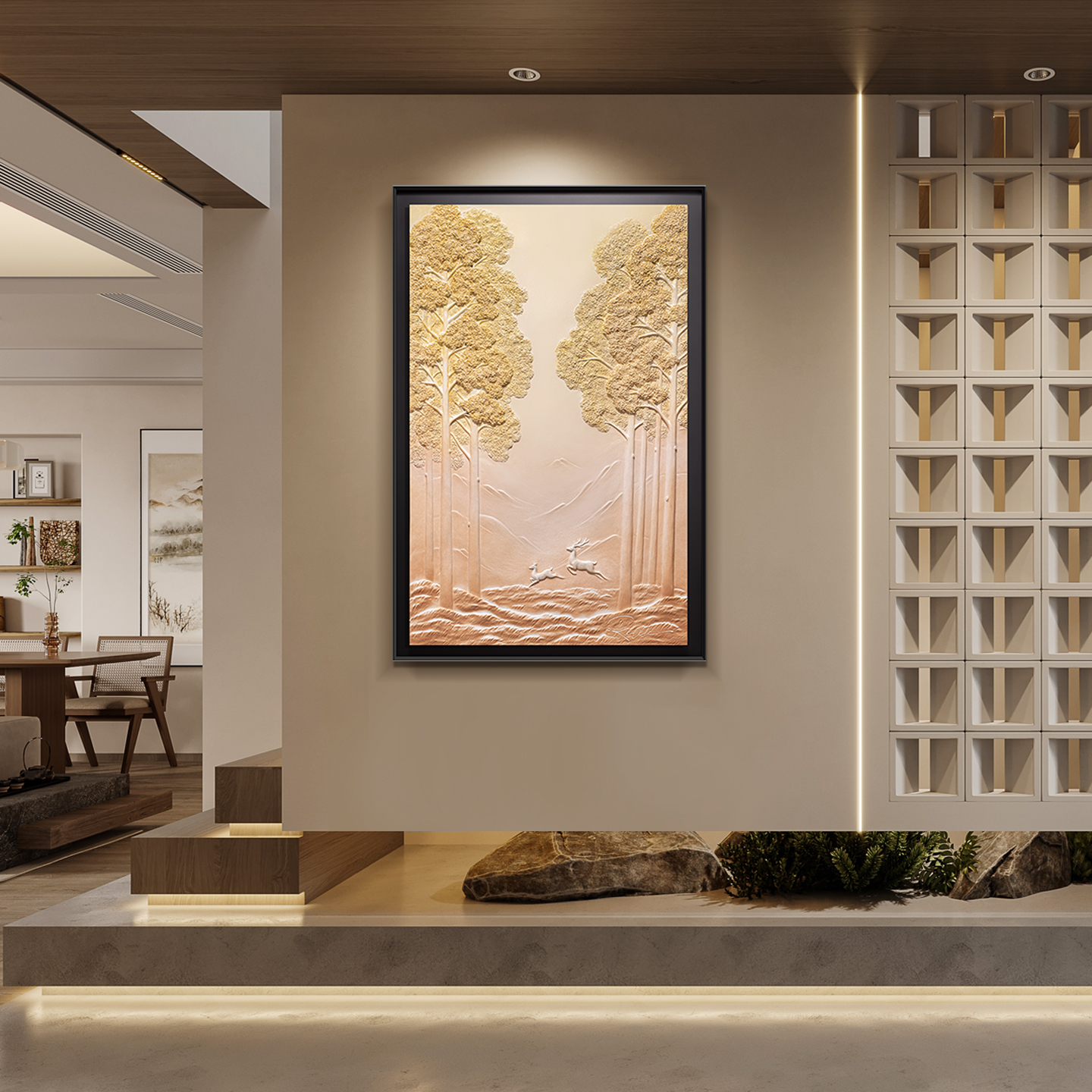 现代简约双鹿迎晖玄关客厅装饰画