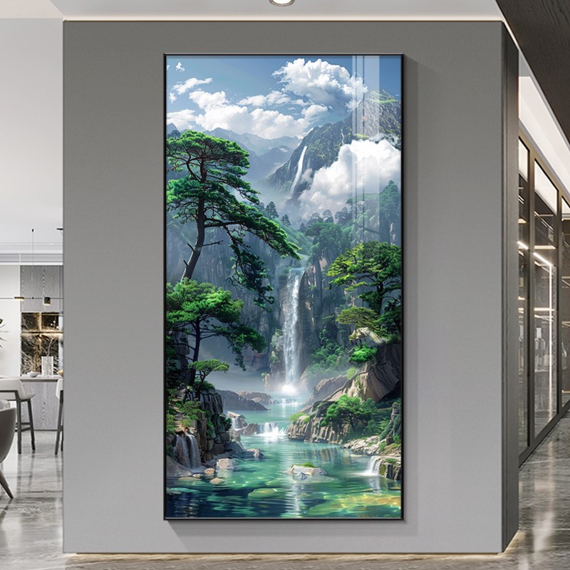速发流水生道风景画入户玄关挂画远对门走廊过财装饰画源正流长山