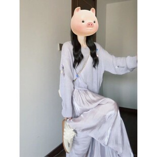 速发韩系温柔袖气质穿搭一整套大码紫色长风针织毛衣高腰半套裙身