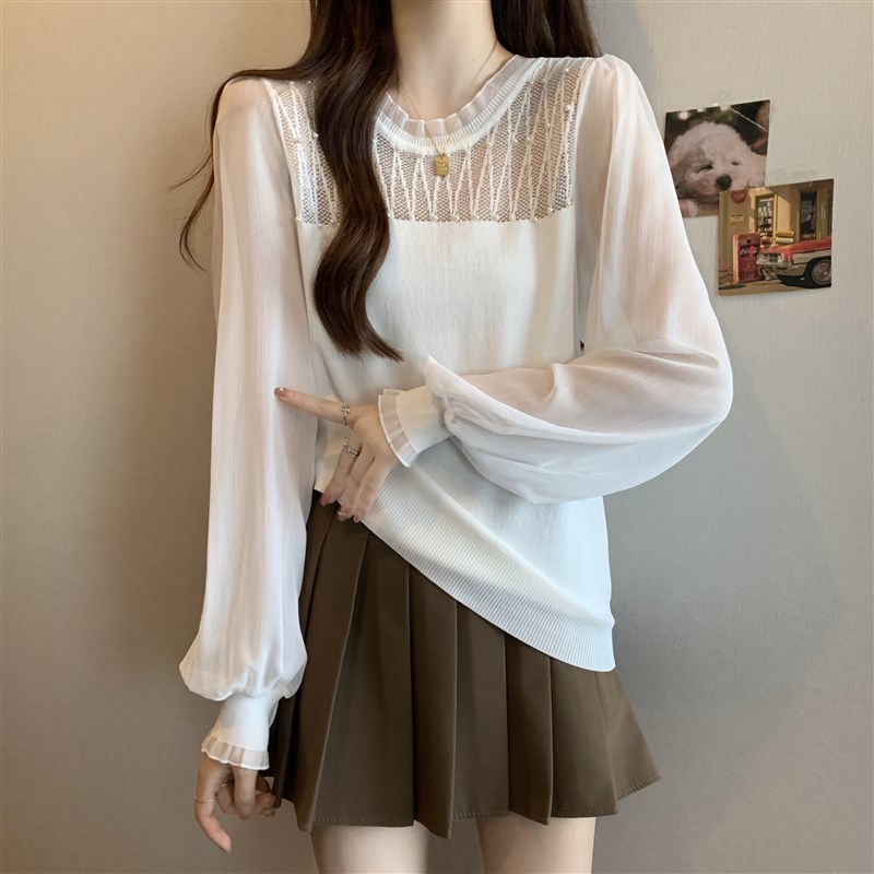 速发袖码装纱镂空领大春织衫针遮肉打底上衣