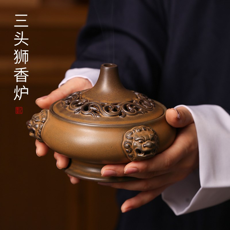速发墨凡炉瓷香陶头三狮创意香薰炉室内家用沉香檀香熏香塔香炉香