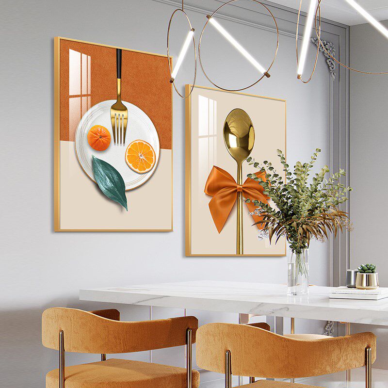 速发轻奢餐厅装饰画简约背厅挂画景档大气餐桌饭高画两联壁画