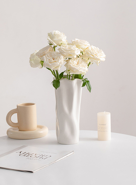 速发蜀创白色简约门意陶瓷花瓶装饰干燥花餐桌客摆插花厅件花器