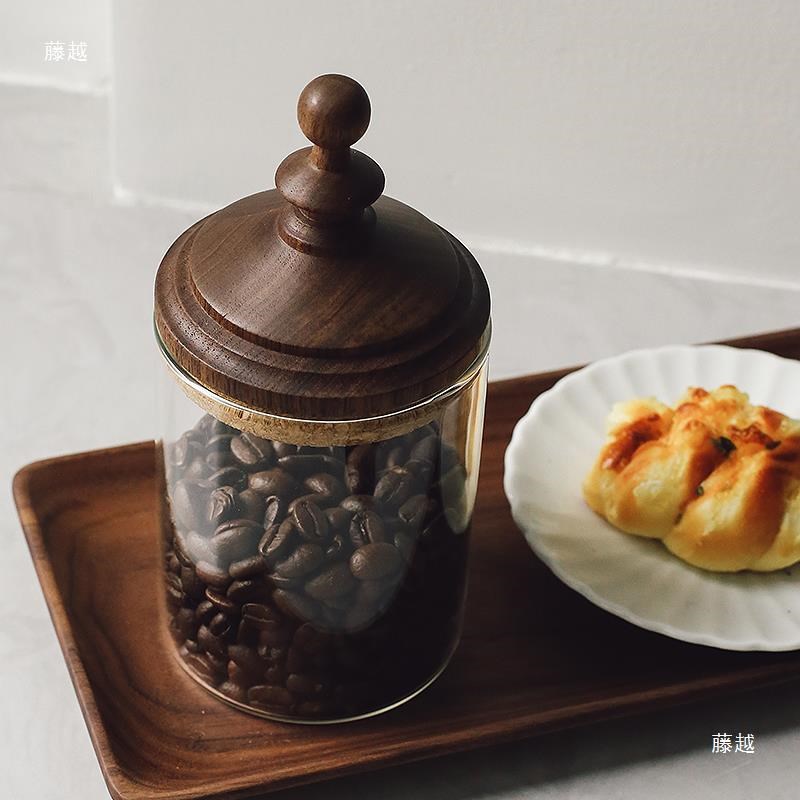 速发复古咖啡豆保存罐实木玻璃收纳密储物罐子黑胡桃木罐封罐展示