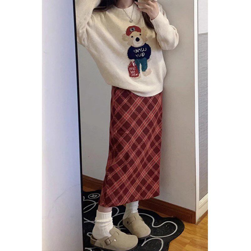 速发复古红色格裙半身直春季中长款高腰字子筒裙小个子包臀裙半裙