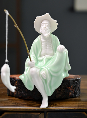 速发陶瓷姜太公鱼鱼摆件老头钓钓翁假流鱼缸山水器盆景造景微景观