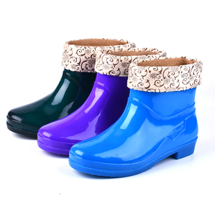 洗车厨房防水保暖工地胶鞋 短筒女士防滑加绒雨靴耐磨成人水鞋 雨鞋