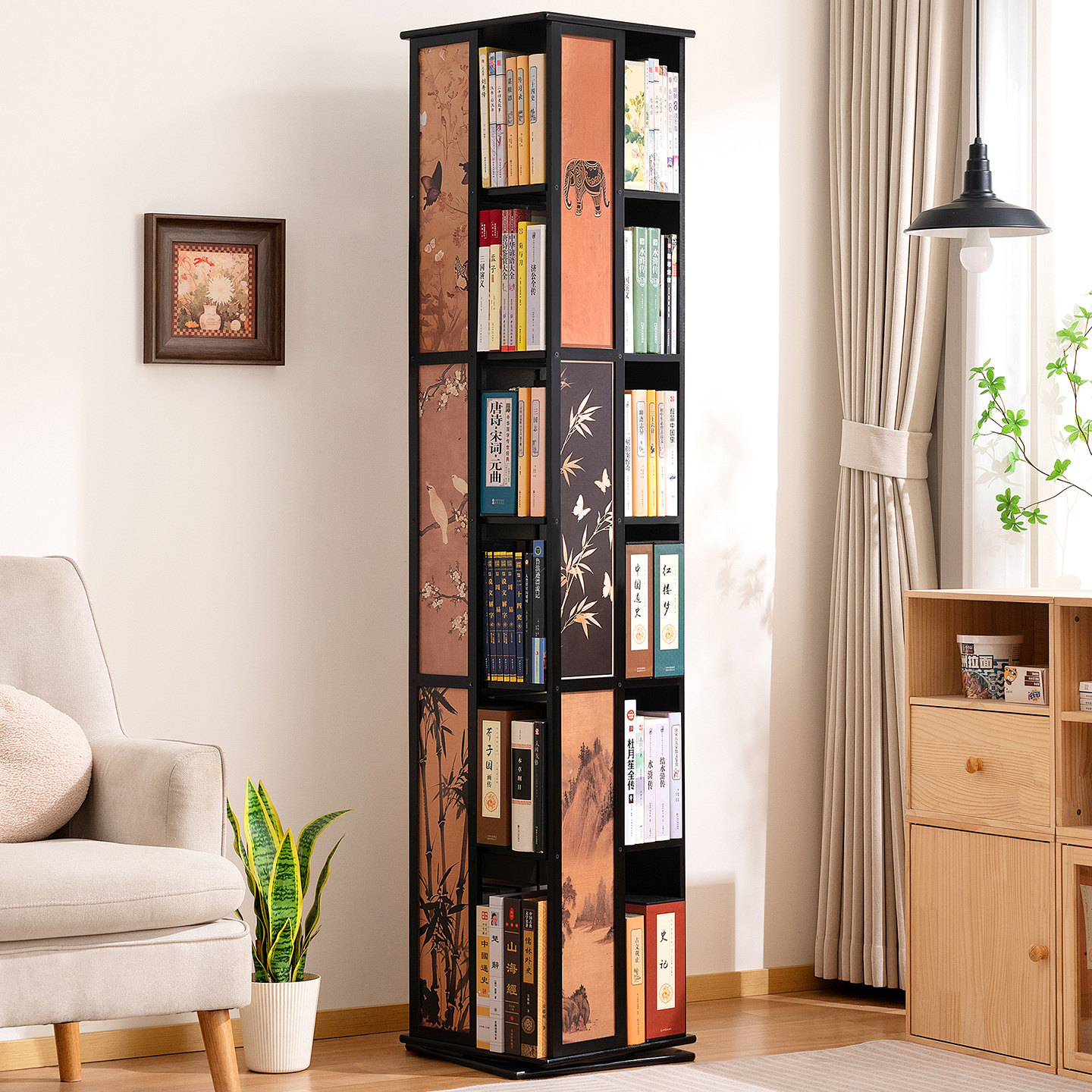 旋转书架360度落地置物架书柜子中古风家用储物一体靠墙儿童客厅