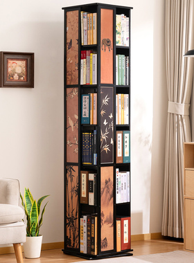 旋转书架360度落地置物架书柜子中古风家用储物一体靠墙儿童客厅