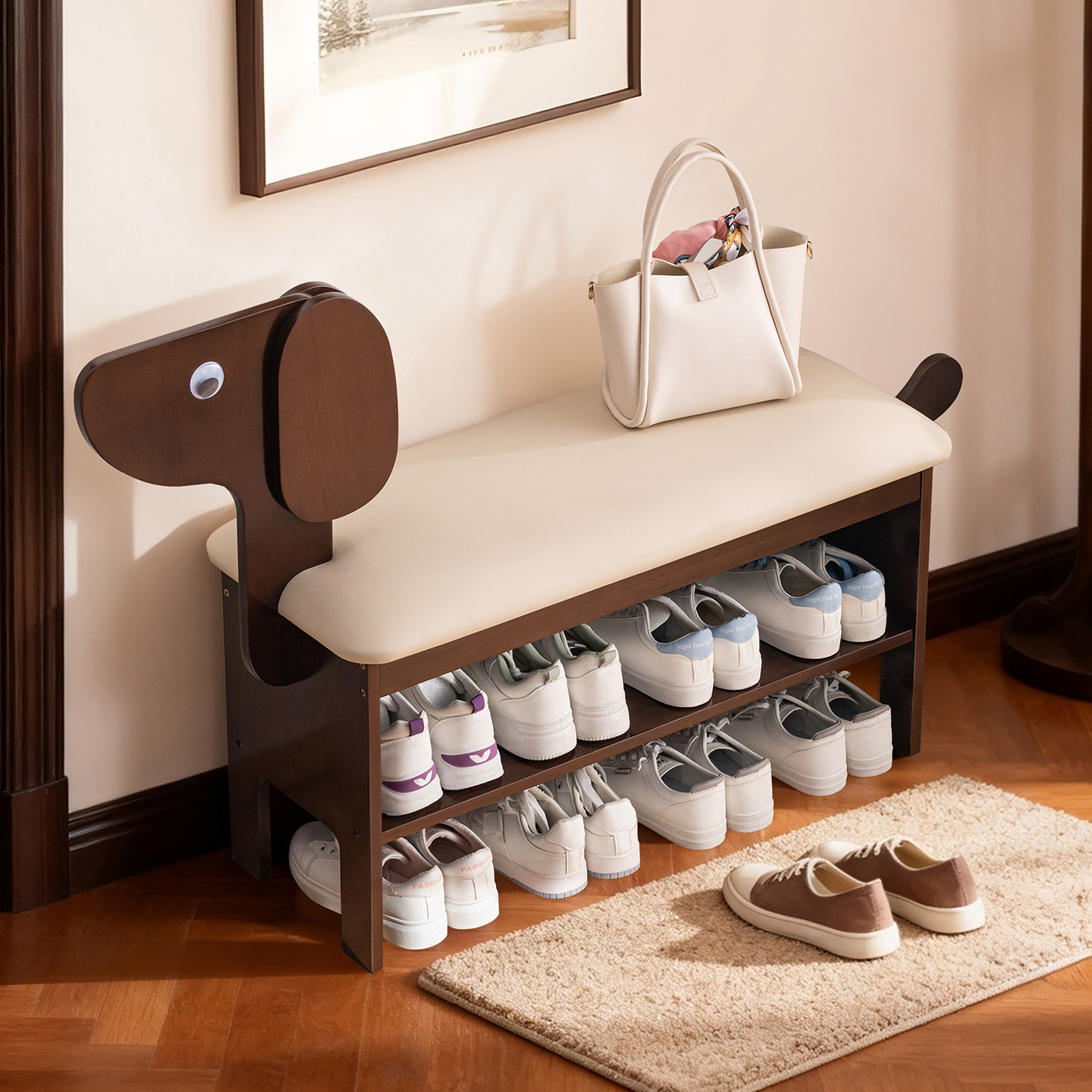 实木小狗换鞋凳门口家用可爱创意入户鞋架子玄关坐凳一体可坐鞋柜
