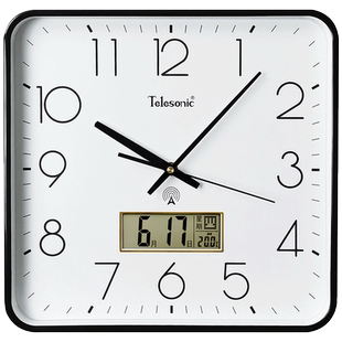 TELESONIC/天王星电波钟客厅挂钟方形居家静音卧室壁钟日历时钟表