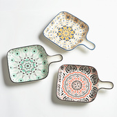 8.5寸陶瓷盘子带把方盘家用创意早餐盘水果沙拉盘北欧ins风釉下彩