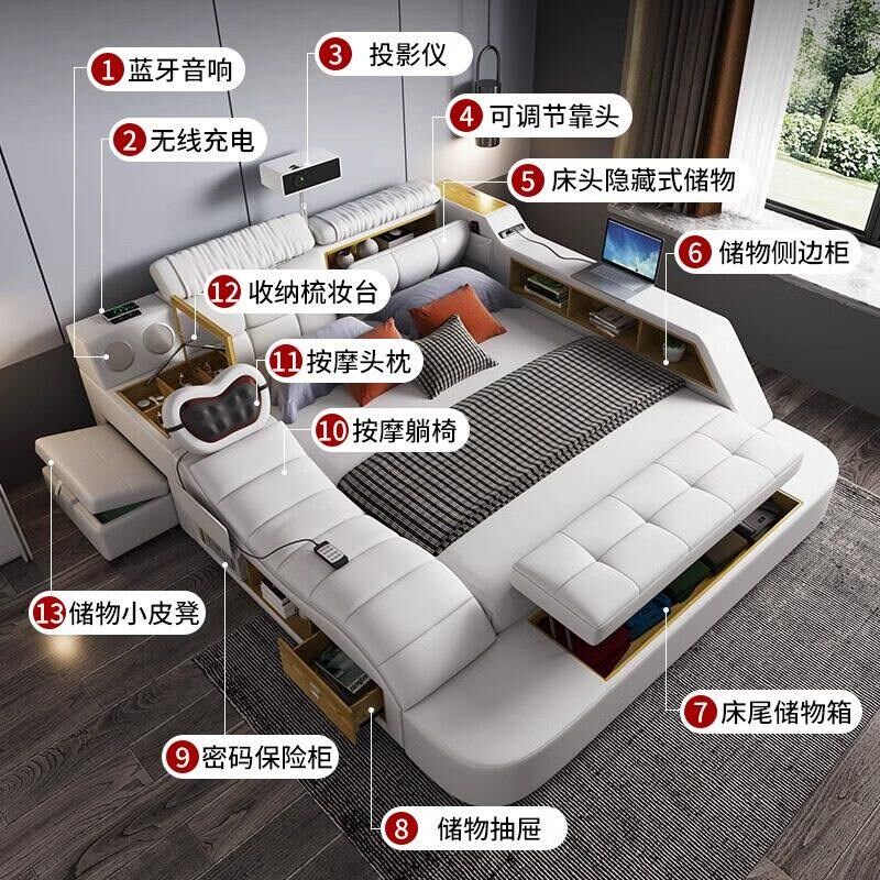 速发多功能榻榻米床主卧现代简约按摩真皮双人大床智能储物婚床