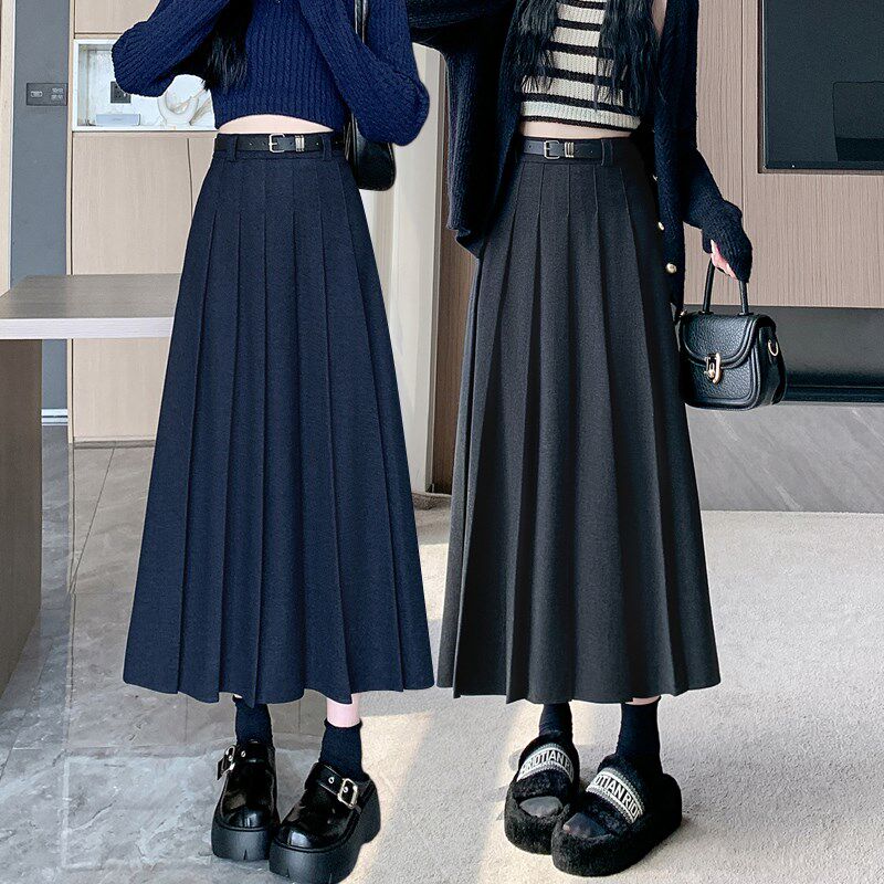 速发黑色毛字半身裙2024新款秋冬气质呢子后松紧垂感高腰呢a百褶