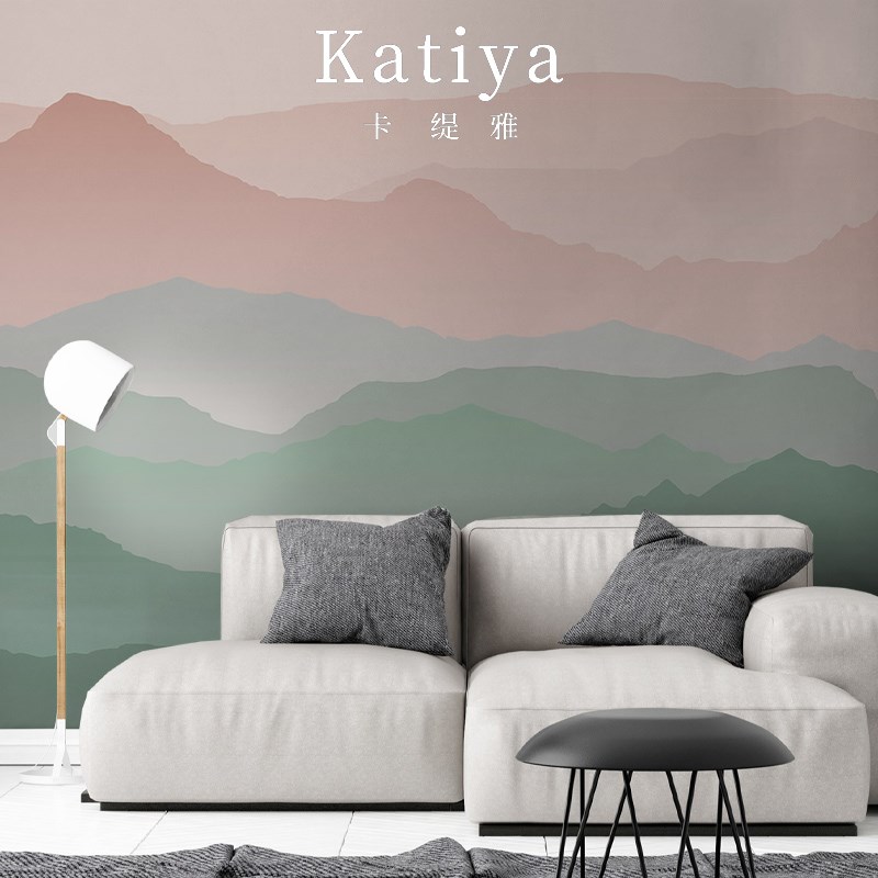 速发Katiya新中式手绘抽象水墨山水画壁纸客厅电视背景墙壁画墙布