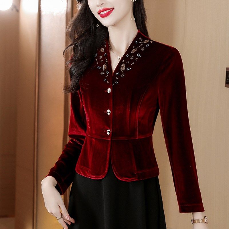 速发喜婆婆单件上衣秋装减龄漂亮洋气金丝绒小外搭短款妈妈外套