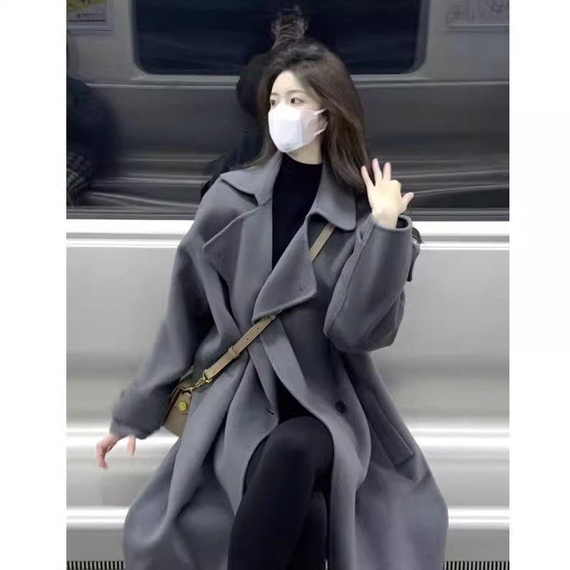 速发子色高级感双面呢灰大衣质系赫本风202冬季气韩呢外套