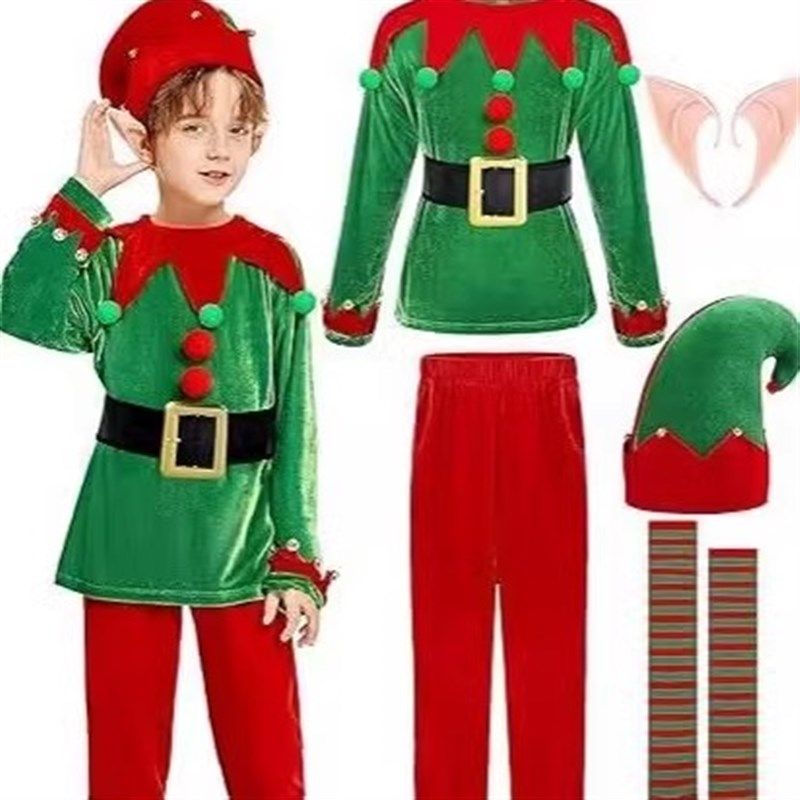 现货速发儿童圣诞节服装款连衣裙套装男装pl绿色圣诞精灵演出服