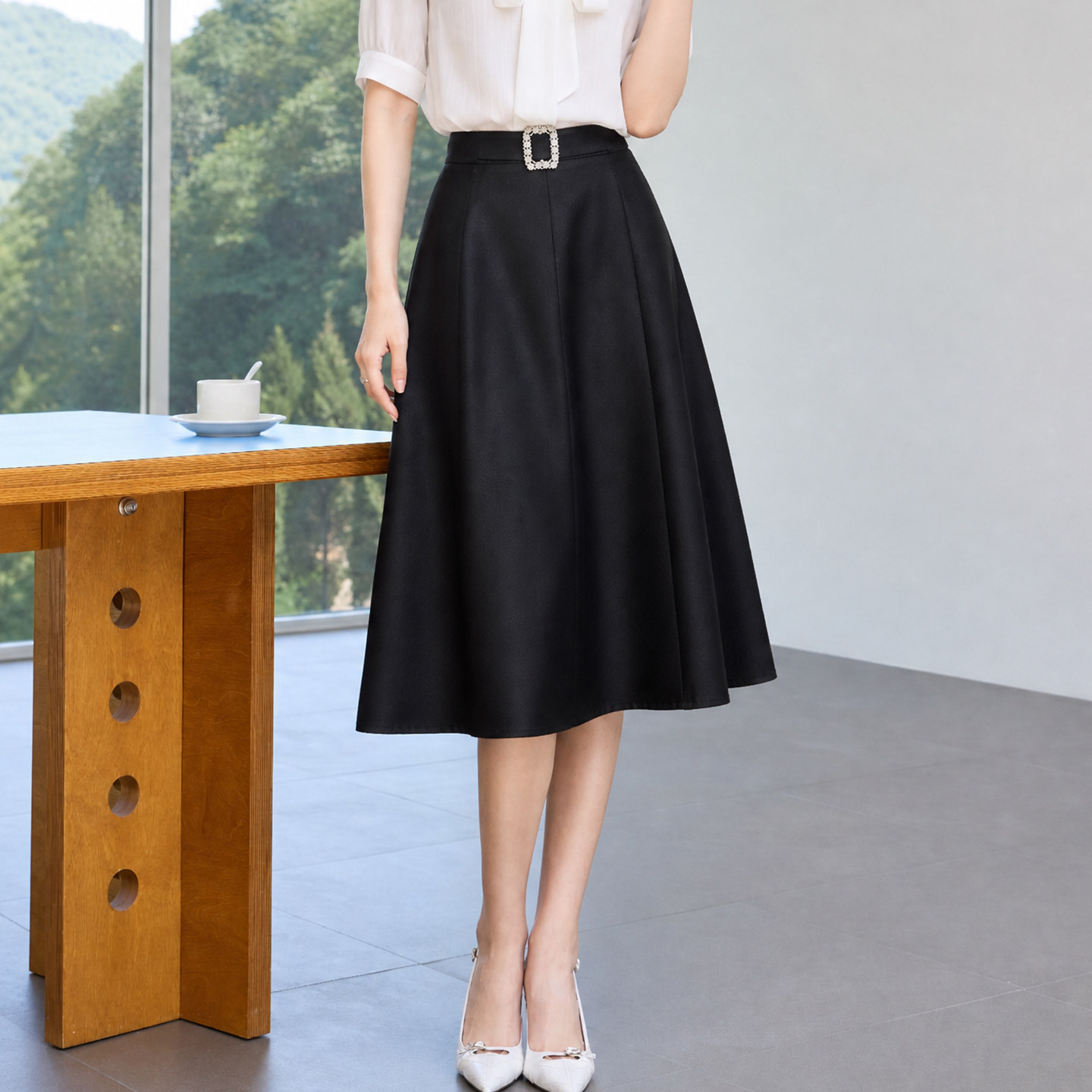 艾尚臣黑色A字半身裙女夏季高腰中长款气质通勤裙时尚腰带装饰裙