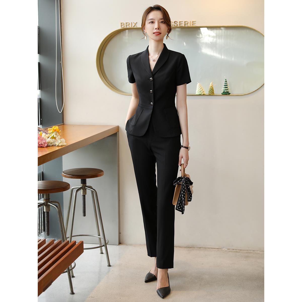 诗璐雅品牌西服套装女士黑色时尚修身气质前台接待工作服夏季薄款