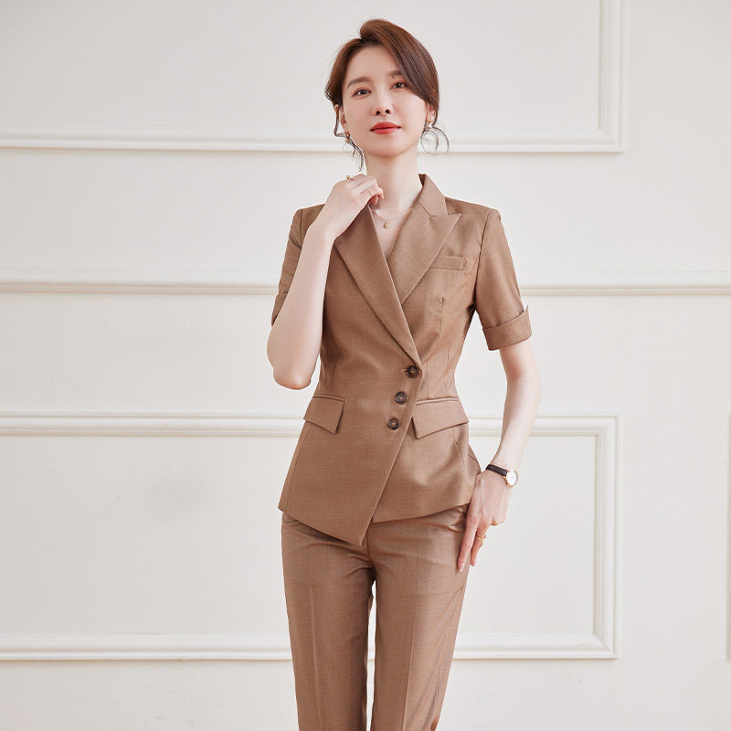 诗璐雅卡其色短袖职业西装套装夏季商务时尚总裁范薄款西服工作装