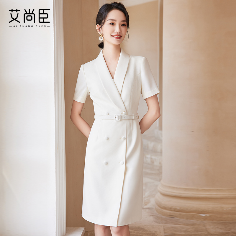 白色职业连衣裙女2024夏季修身显瘦高级感面试正式场合短袖西装裙