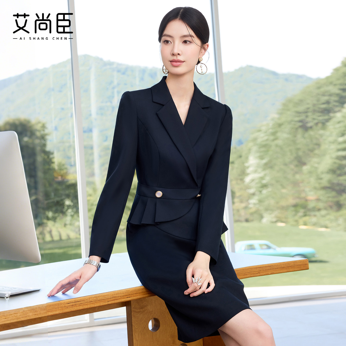 艾尚臣新款藏青色高级感假两件连衣裙修身显瘦气质时尚职场工作服
