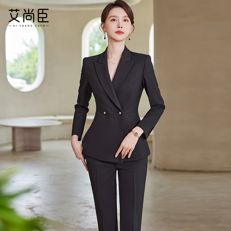 黑色西装套装女秋冬2025新款高级感气质珠宝店银行销售正装工作服