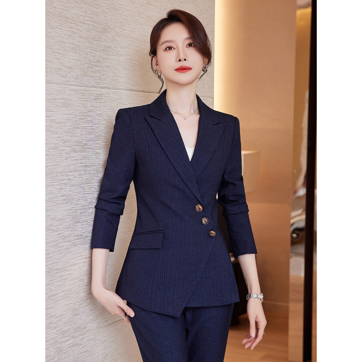 诗璐雅条纹西装外套修身长袖职业西服女时尚上衣显瘦通勤时尚女神