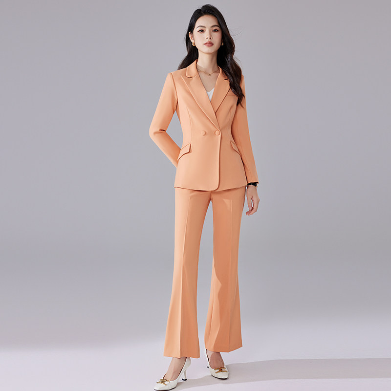 诗璐雅橙色西装套装女秋冬款时尚通勤职业装长袖西服微喇裤两件套