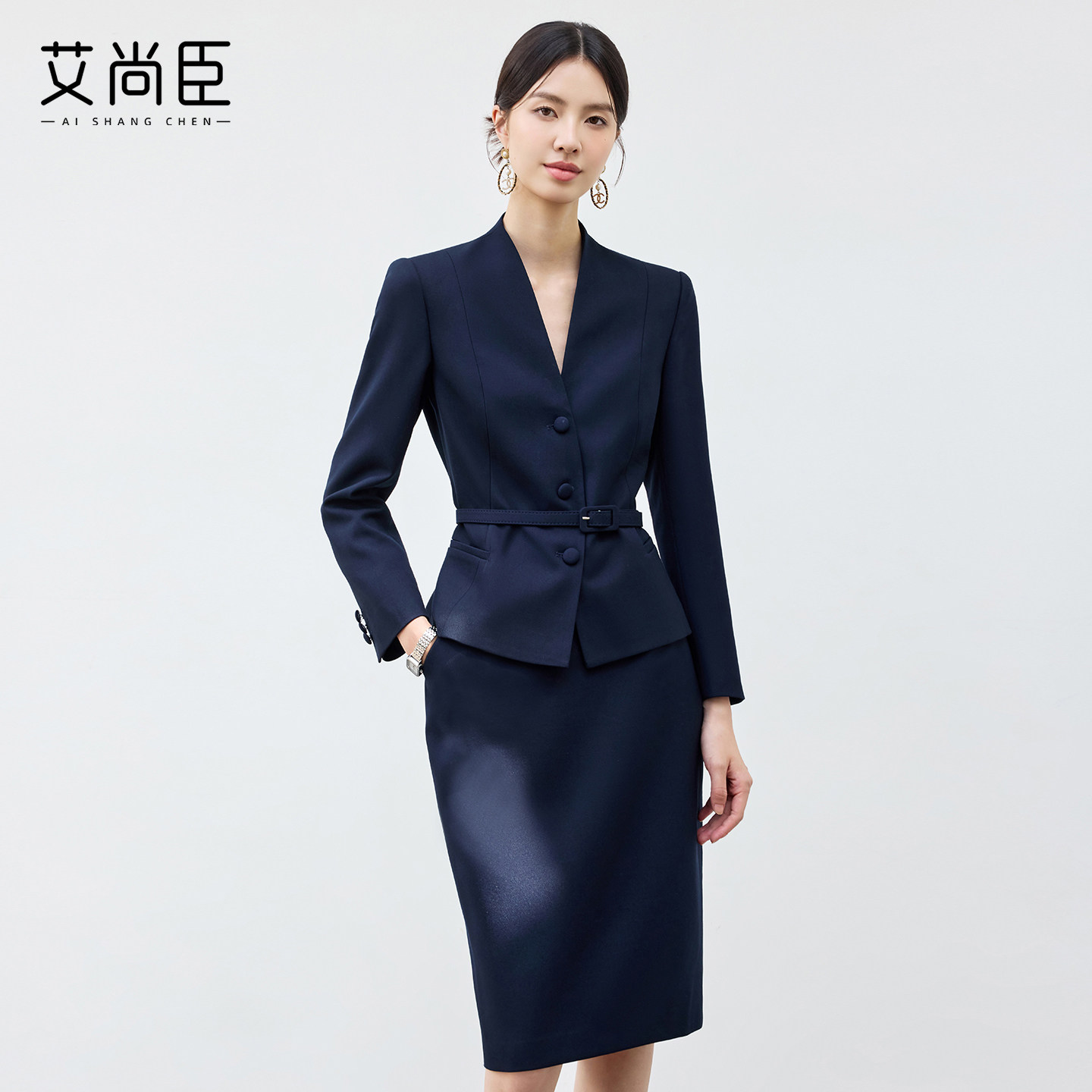 艾尚臣藏青色气质轻熟风职业西装套裙珠宝店酒店职收腰显瘦工作服