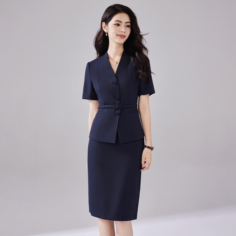 诗璐雅藏青色短袖西装套装女夏季职业工作服通勤裙西服西裙两件套