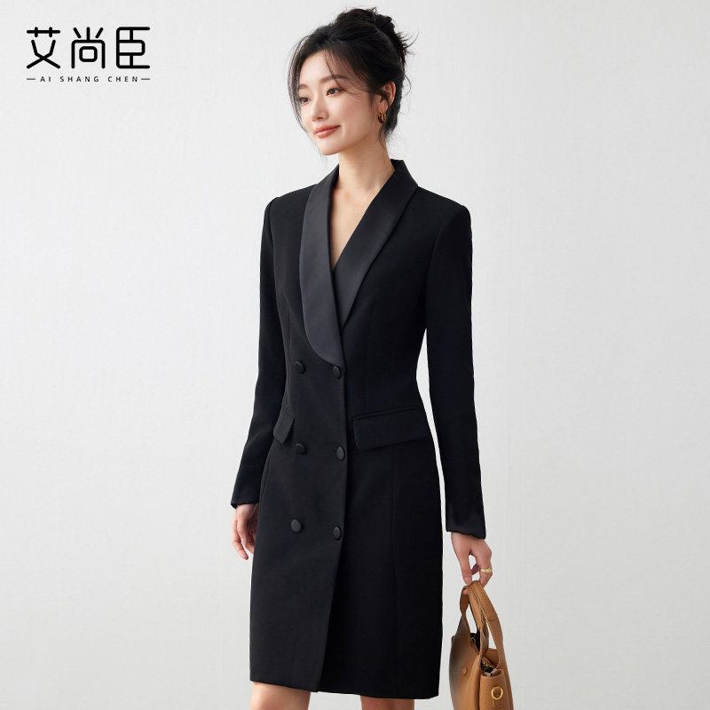 艾尚臣黑色连衣裙女秋冬新款时尚气质OL通勤青果领修身显瘦西装裙