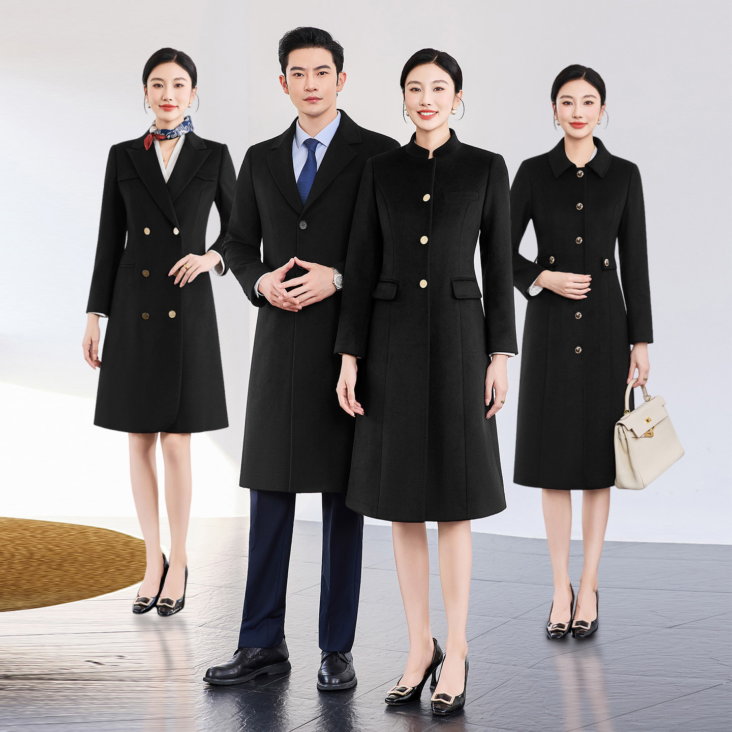 高端职业黑色毛呢大衣女酒店售楼处物业银行接待工装可拆卸内胆