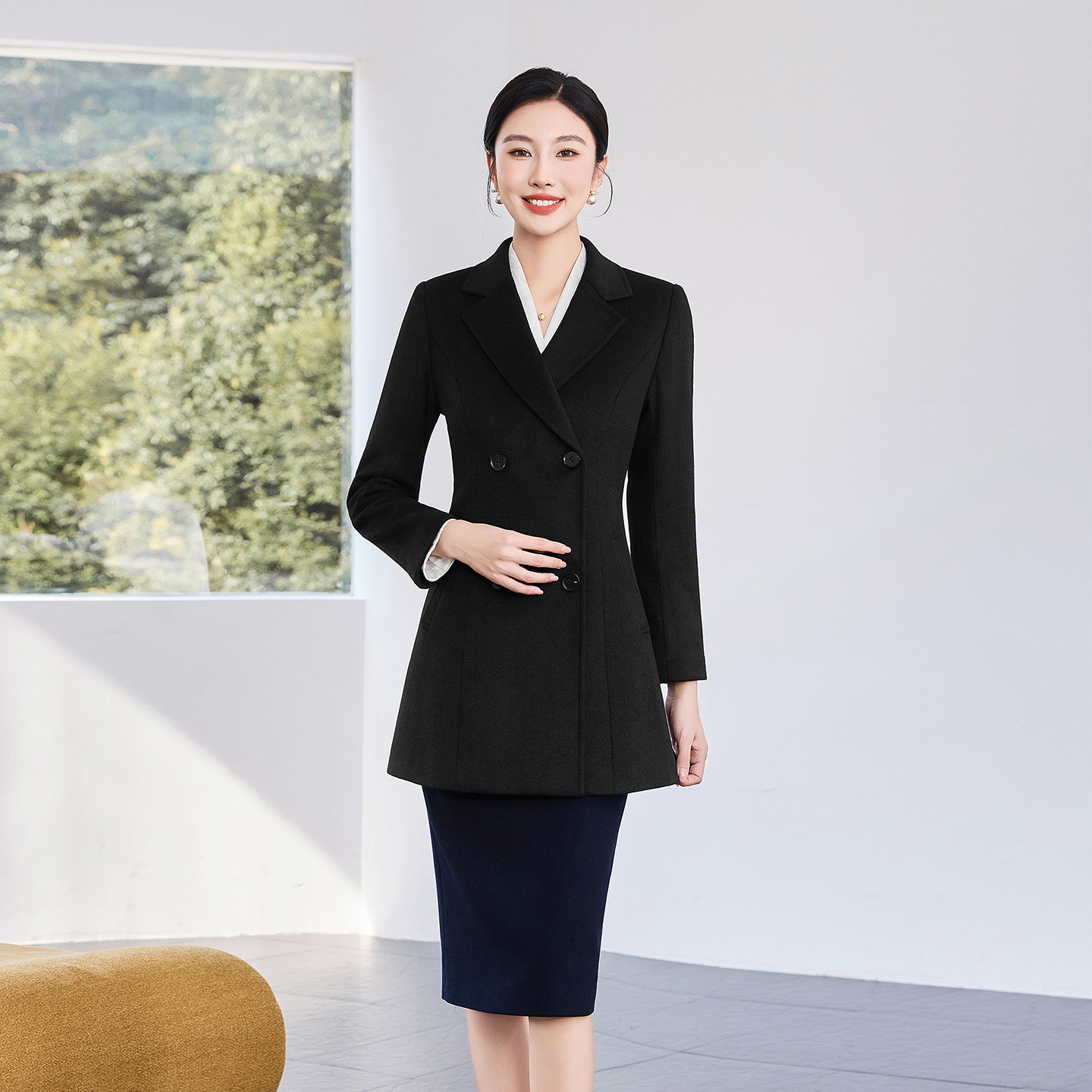 沛吉职业毛呢大衣女黑色工作服羽绒内胆银行物业案场工装毛呢外套