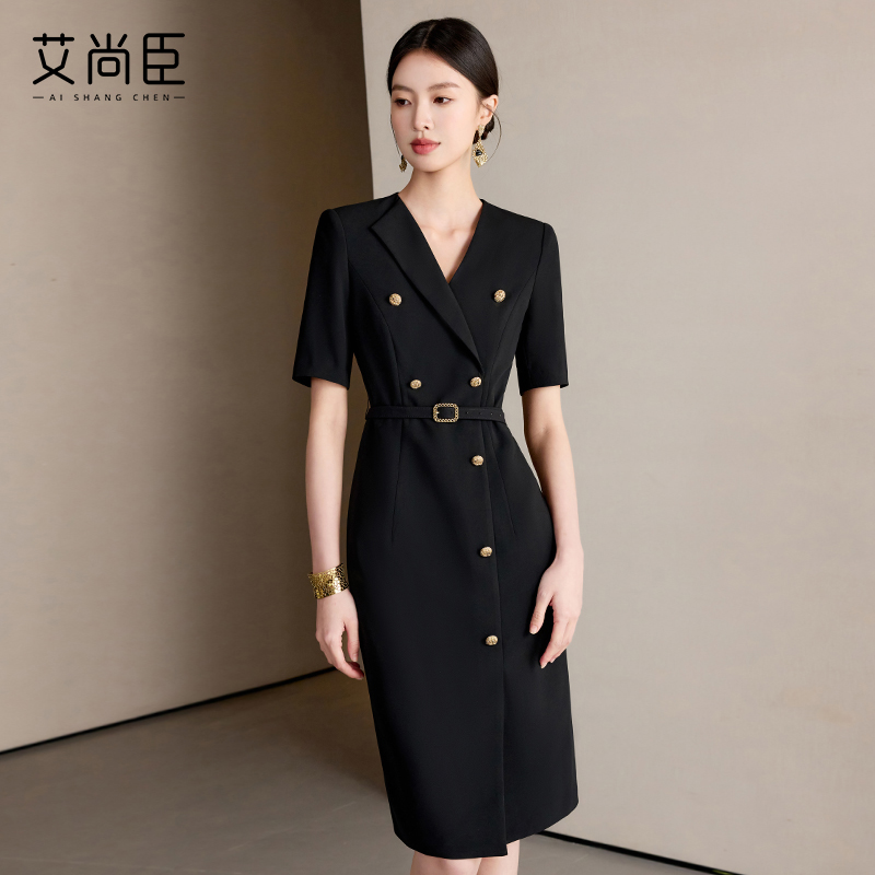 短袖黑色连衣裙西装裙女2025夏新款法式赫本风小黑裙职场通勤裙子