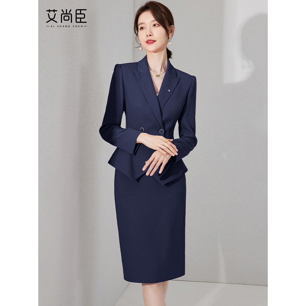 艾尚臣藏青色西装套裙女工装美容院酒店前台接待职业装OL工作服