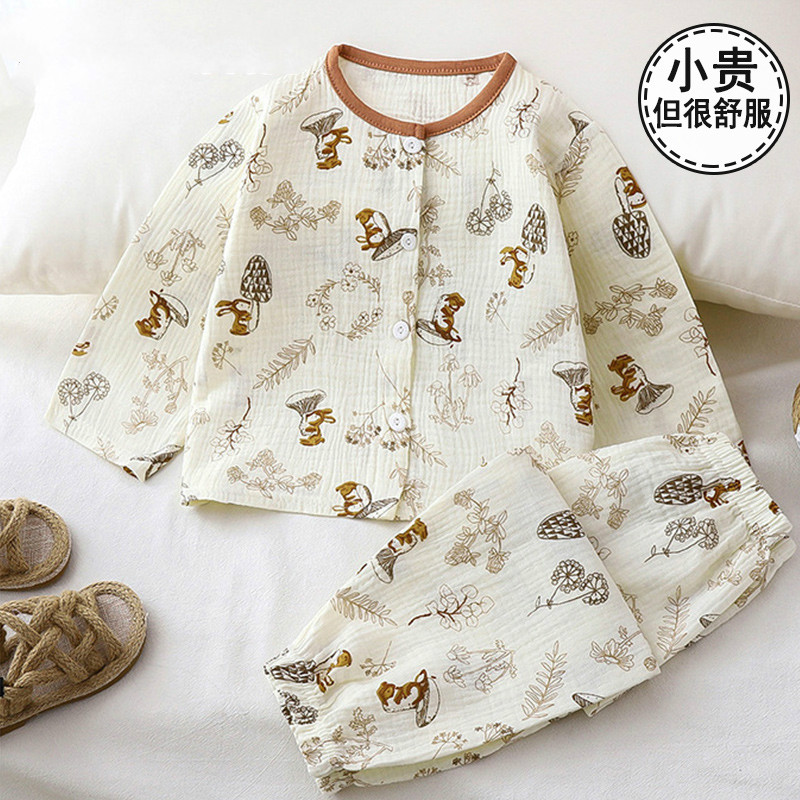 夏季新款男童双层棉纱女童睡衣宝宝纯棉花边童装儿童家居服套装