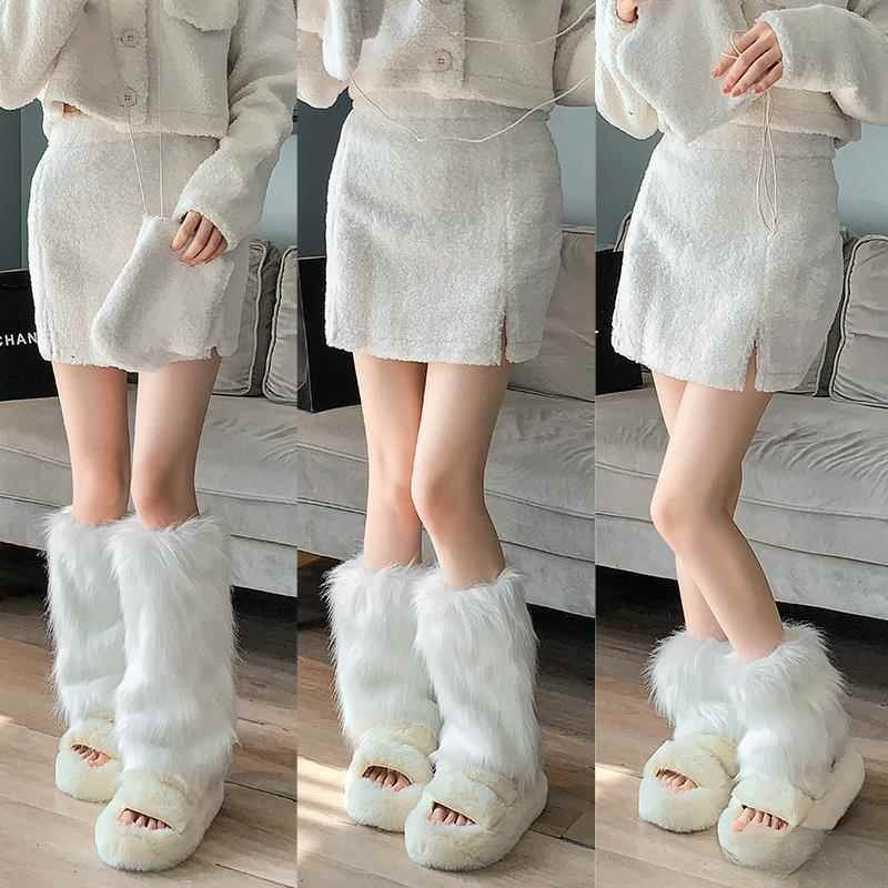 腿套女款春秋加绒脚套辣妹亚文化毛绒堆堆腿袜秋冬皮草白毛毛袜套