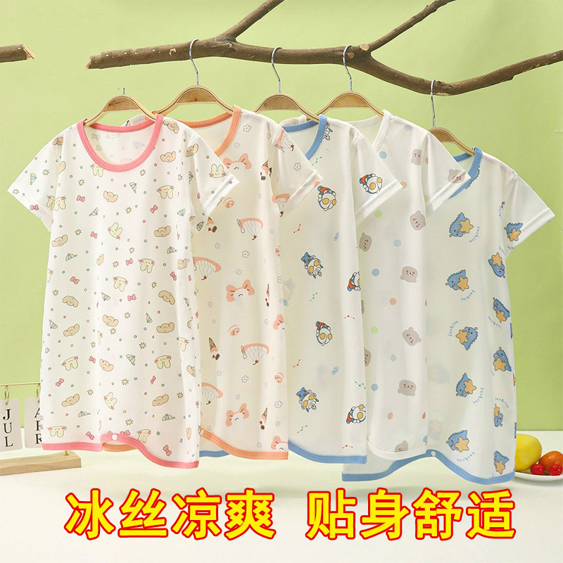 夏季儿童睡衣连体睡袍宝宝防踢睡裙男童女童冰丝薄款连体衣家居服