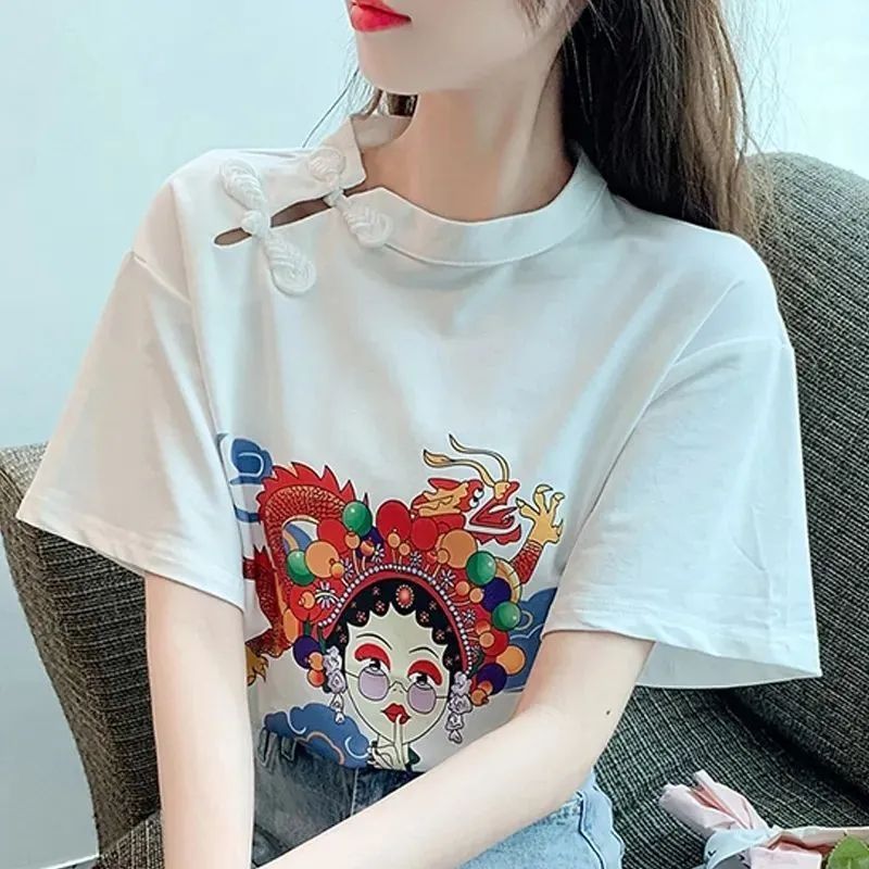 短袖女体恤衫中国风印花t恤夏季设计感宽松民族风复古盘扣上衣女