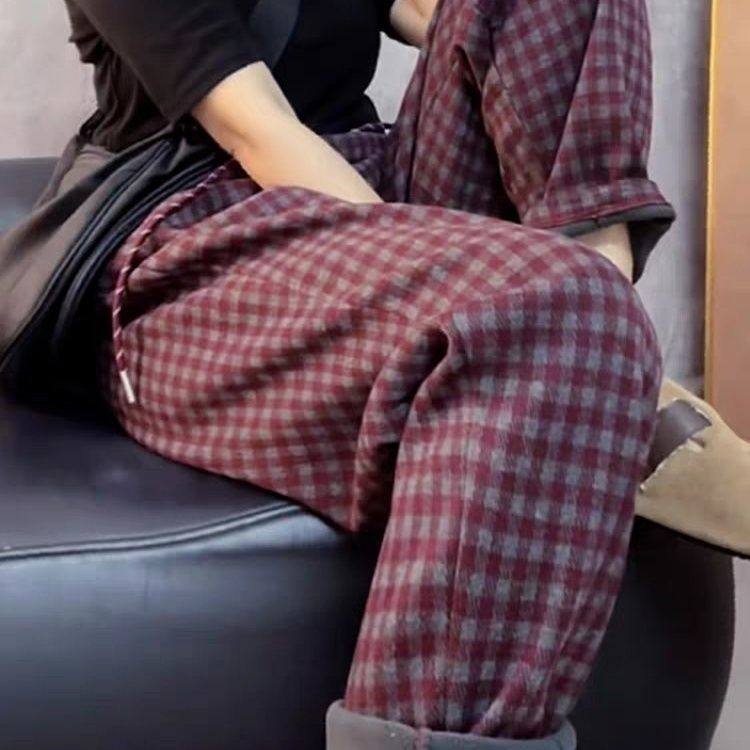 格子加绒休闲裤女秋冬新款时尚直筒裤韩版小个子宽松加厚哈伦裤子