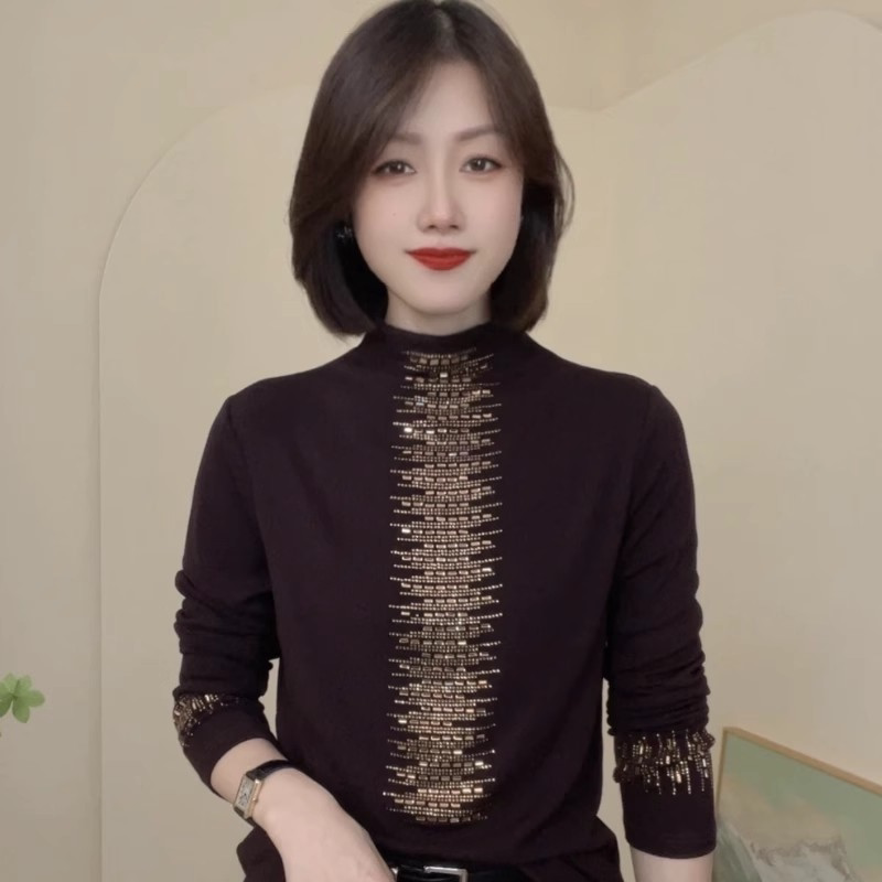 秋冬新款半高领纯色百搭烫钻长袖打底衫休闲T恤气质女士修身小衫