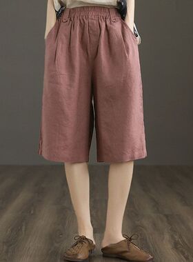 夏季新款棉麻六分裤女士薄款外穿短裤女高腰宽松显瘦五分阔腿裤子