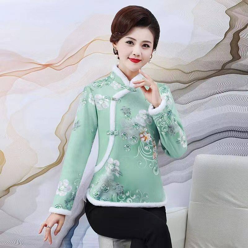 妈妈民族风短款改良加绒旗袍上衣女复古立领盘扣唐装外套保暖小衫