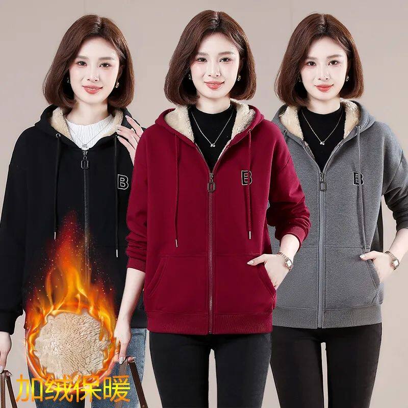 新款加绒连帽长袖卫衣女秋冬季宽松拉链开衫保暖上衣通勤百搭外套