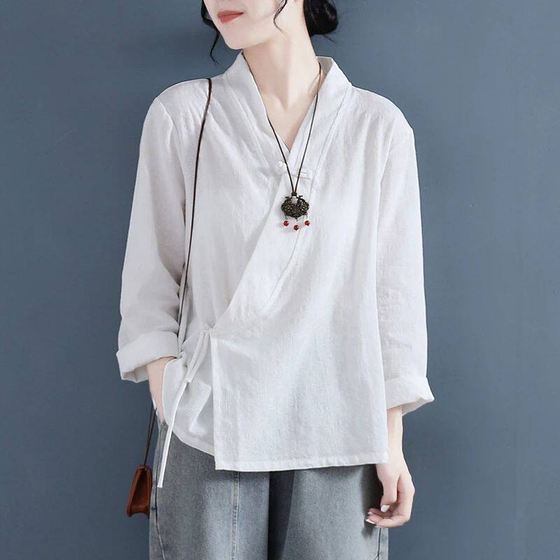 春秋季中国风斜襟长袖T恤女新中式唐装禅服禅意茶服棉麻衬衫上衣