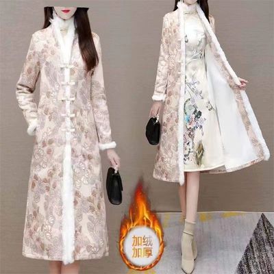 中式国风旗袍式棉服外套女冬季2025新款加绒加厚妈妈高贵长款棉衣