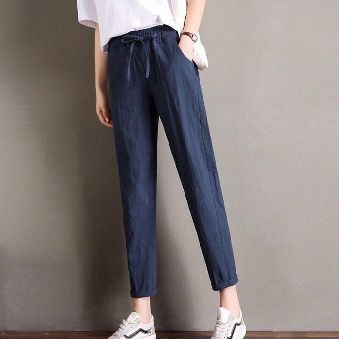 冰丝棉麻大码九分哈伦裤女夏季新款高腰显瘦百搭萝卜裤宽松休闲裤