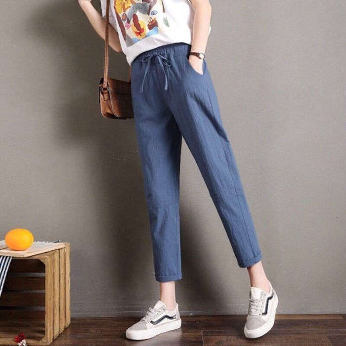 夏季薄款冰丝棉麻九分裤女显瘦百搭天丝哈伦裤女裤大码宽松休闲裤